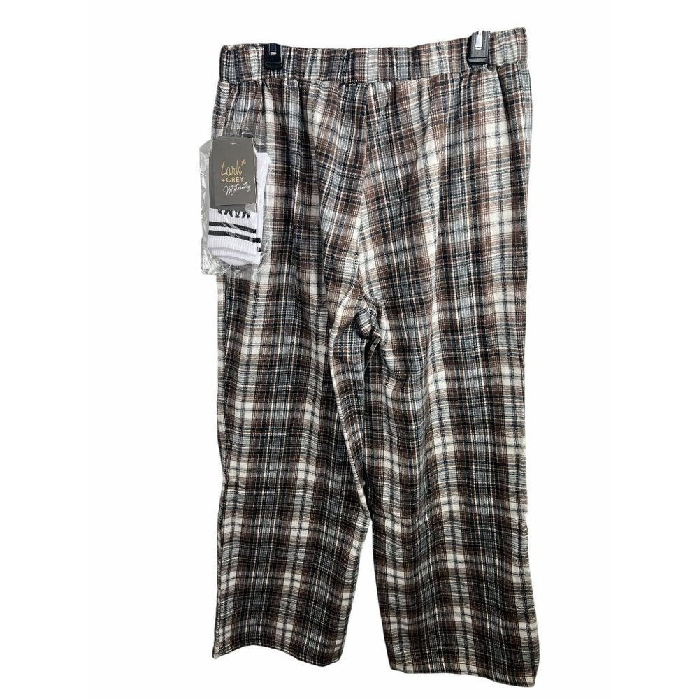 Lark + Grey Brown & White Plaid Lounge Pants With Elastic Waistband Size Large